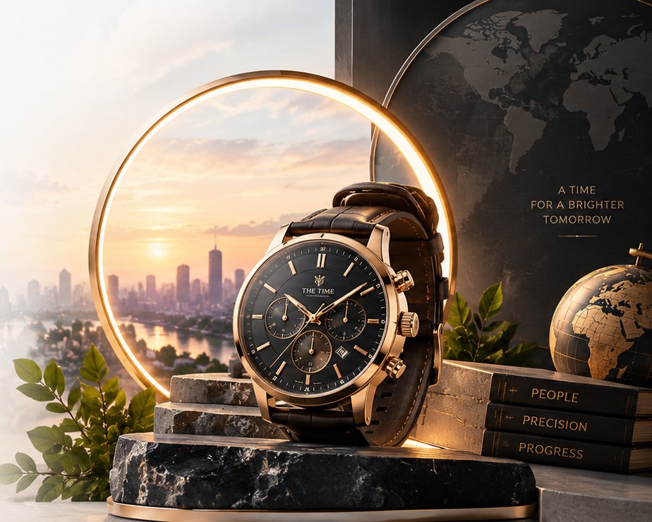 A The Time chronograph with a black dial and rose-gold case on a marble pedestal, framed by a glowing golden ring at sunset
